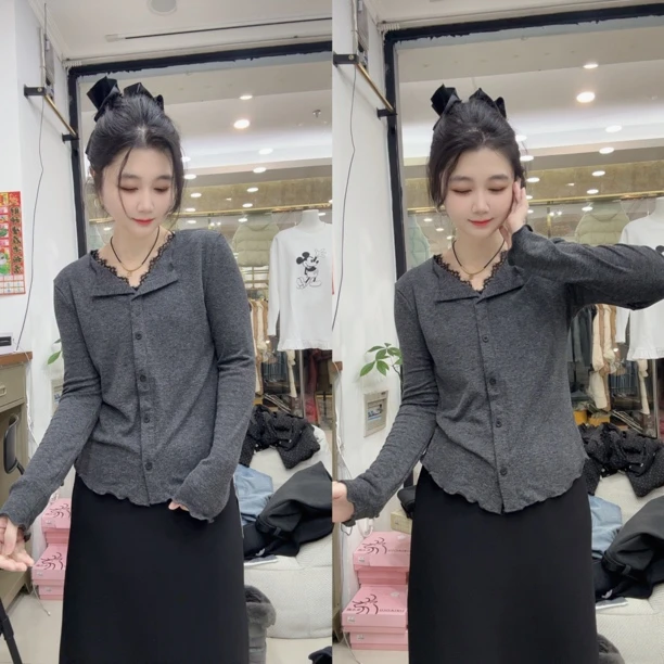 DD-高级感法式V领蕾丝拼接衫（发货3-5）