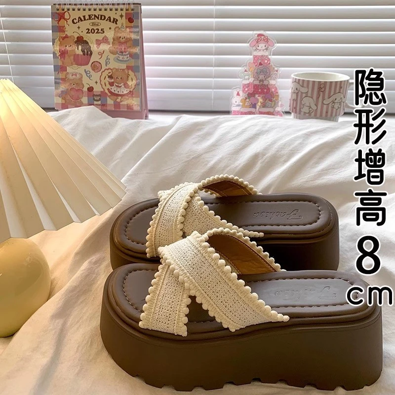 厚底增高交叉带凉拖鞋女夏外穿2025新款春季波西米亚沙滩度假凉鞋