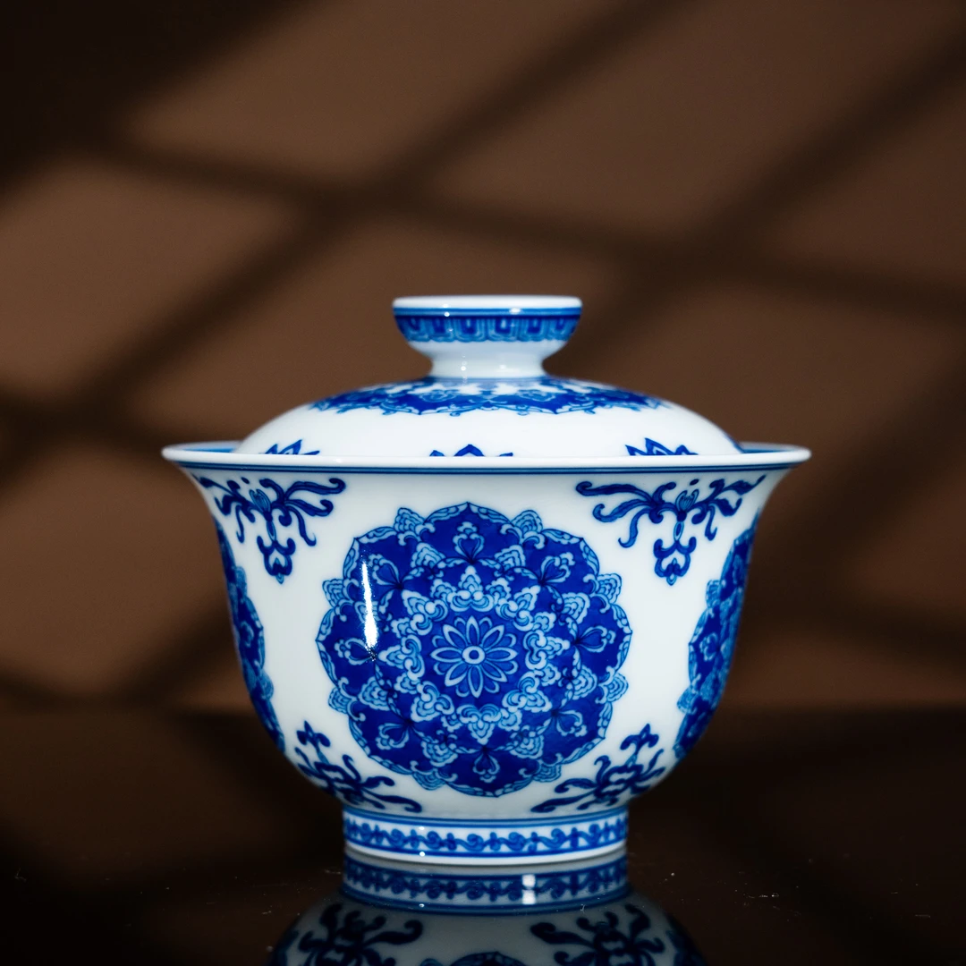黄振匠造薄胎宝相花盖碗原矿全手工柴窑经典纹饰景德镇高端茶器