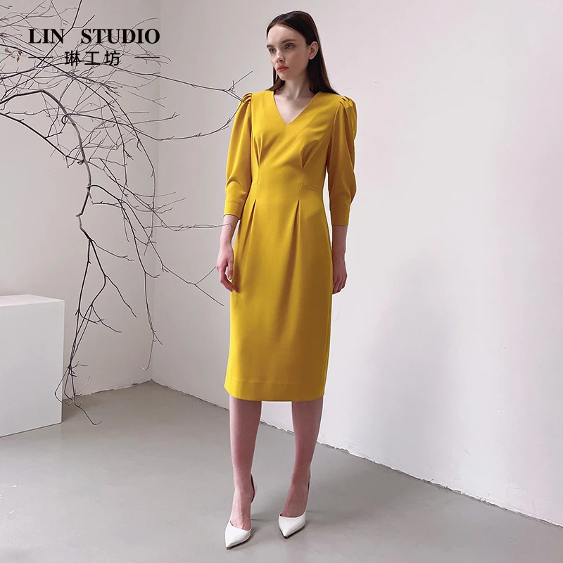 【特殊活动款 不支持退换】琳工坊明黄色泡泡袖连衣裙唐琳设计