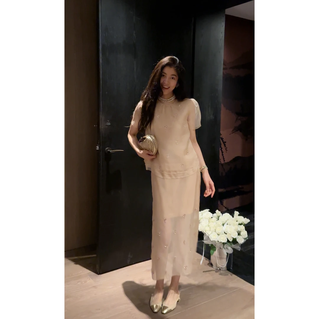 N.COU妮蔻25夏新款千金贵气名媛风手工钉钻半裙套装女DY22537-1