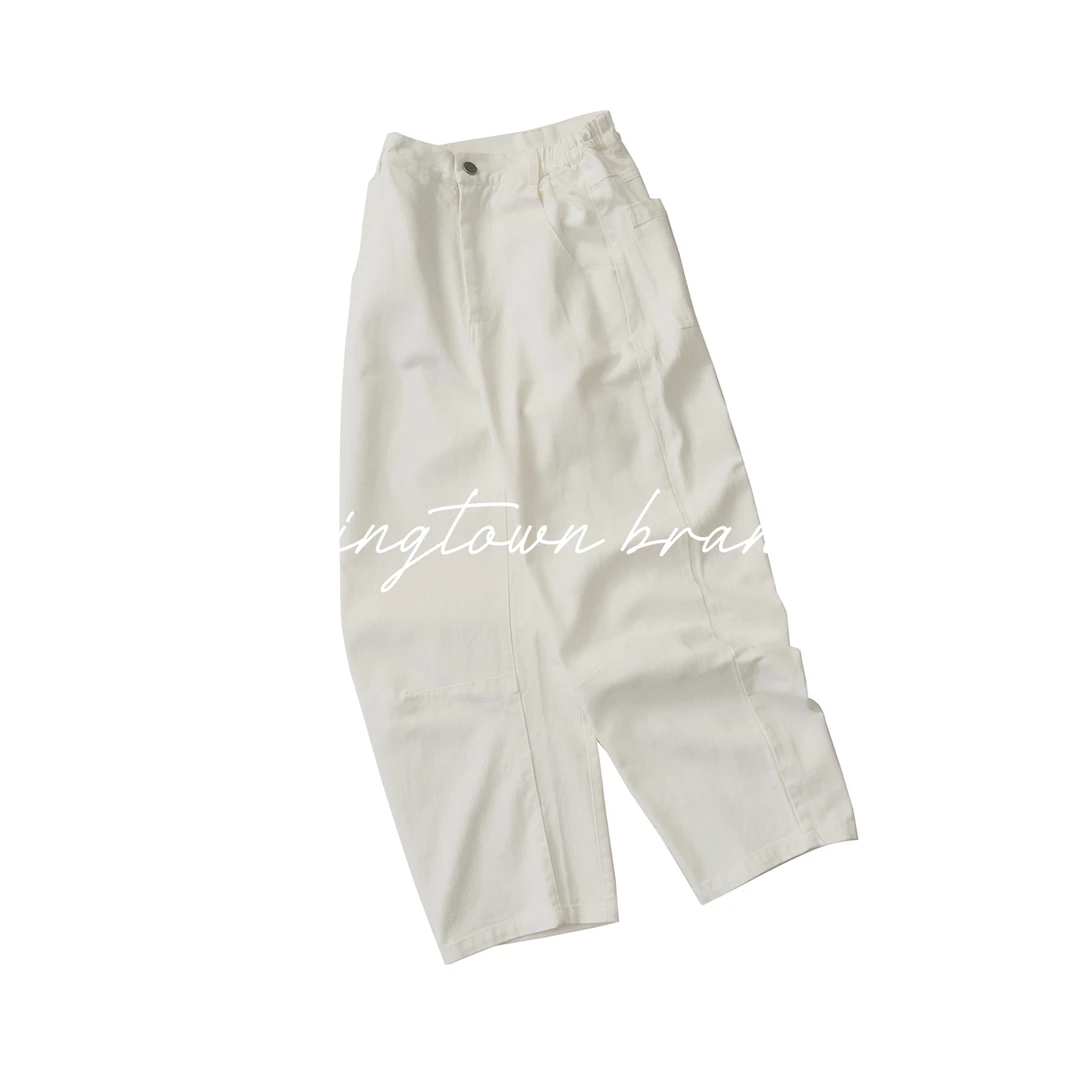 LIVINGTOWN 日系纯色休闲宽松通勤百搭纯棉阔腿弧形弯刀裤长裤