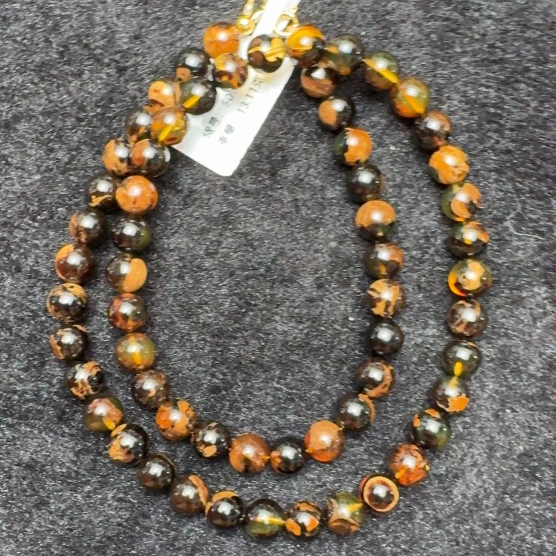 琥珀未镶嵌珠宝奇石7.3mm黄茶变色龙黑蜜妖花溶洞妈妈链
