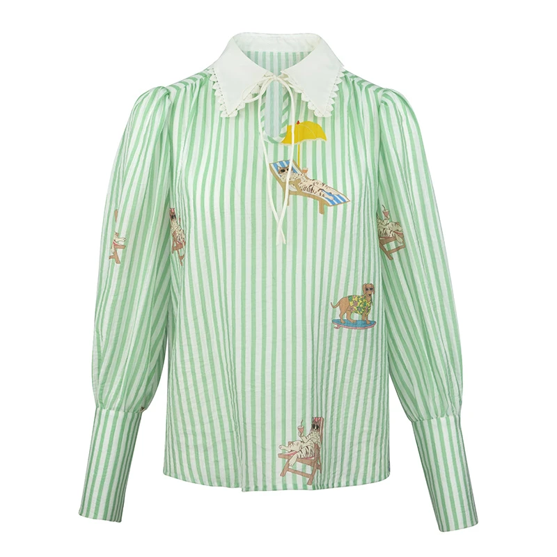 JUNGLE ME复古撞色条纹拼接设计感宽松衬衫女气质百搭上衣绿色