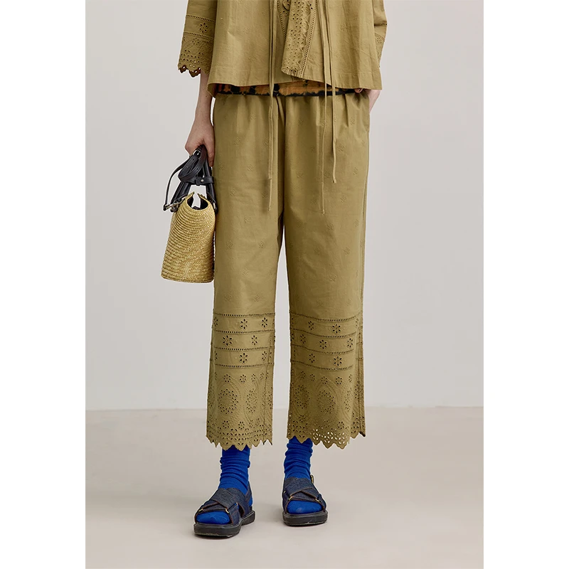 EIN/言【雕孔刺绣】浪漫镂空绣花直筒休闲宽松九分裤商场同款新品