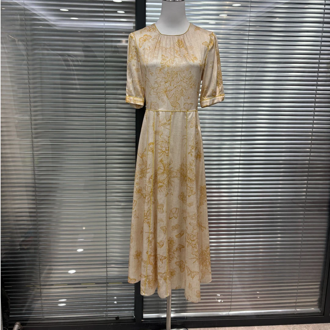 【歌】鎏金岁月追踪提花定制金茧桑蚕丝优雅百搭连衣裙DH154