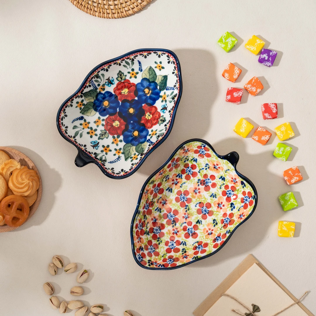 【西里西亚】手绘西里西亚(红凤尾)/碧丝粉黛-8英寸树叶盘（2个装）