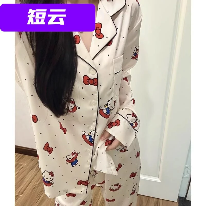 冰丝绸睡衣女春夏季猫长袖年新款卡通甜美感家居服套装