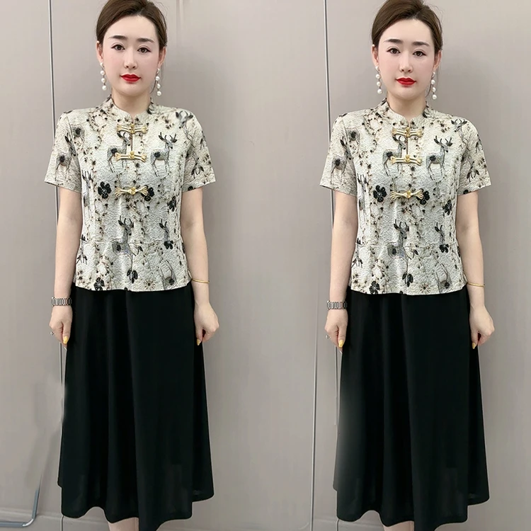 中老年妈妈装连衣裙假两件气质洋气显瘦休闲夏季中长款裙子