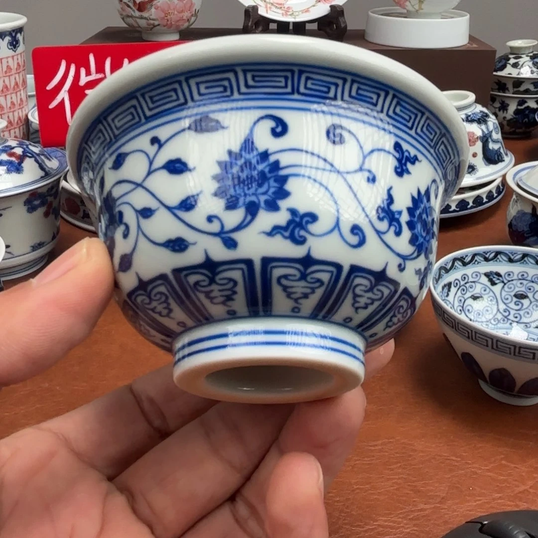 陶摆件微瑕手绘缠枝莲压手杯