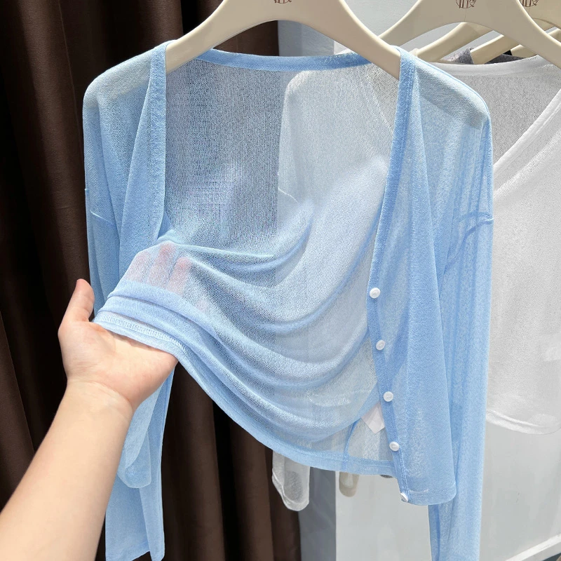 蓝色针织短外套上衣女爆款2025新款秋季长袖薄款外搭高级感小开衫