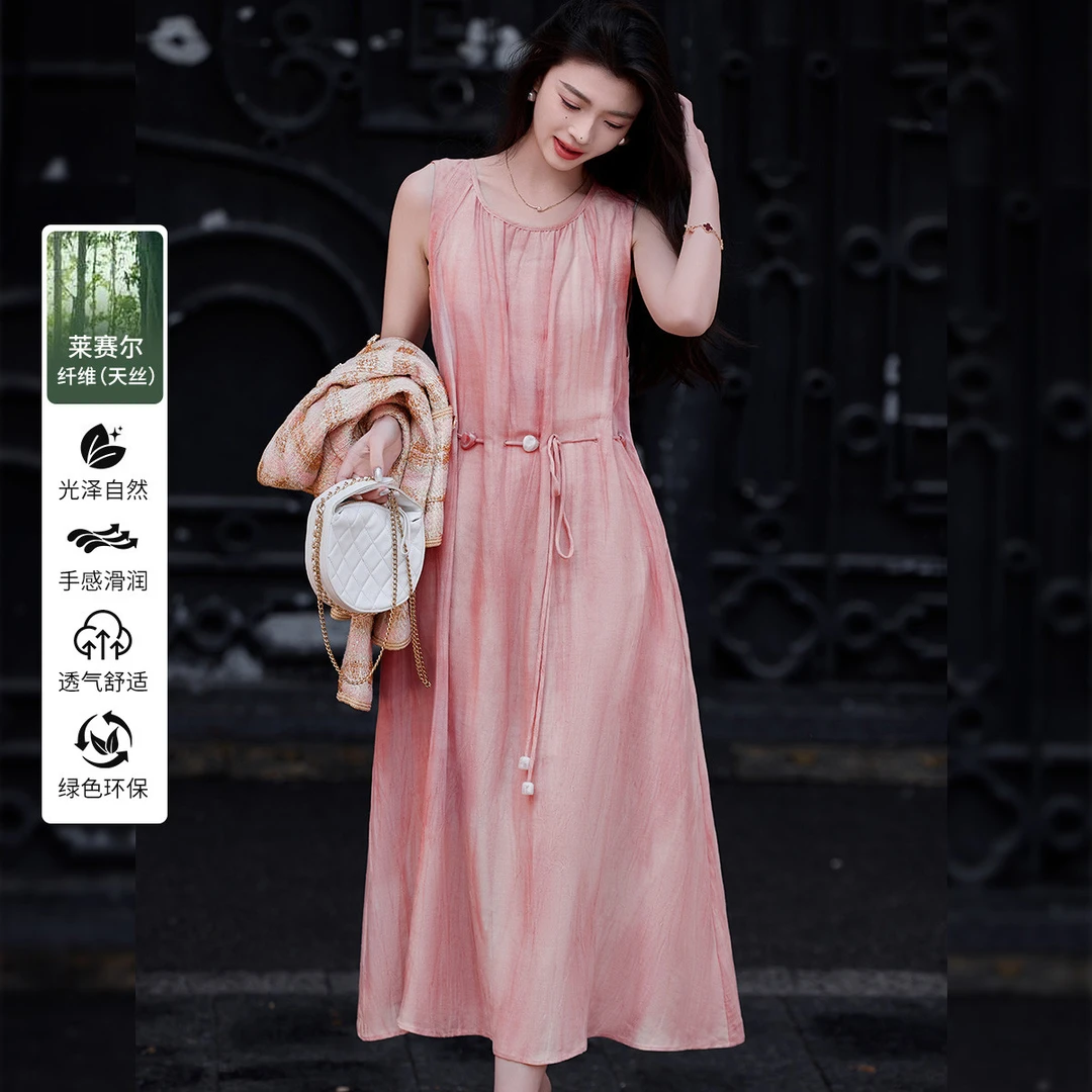 【程钱钱】&白鹿语长款无弹圆领套头无袖连衣裙WYU20075