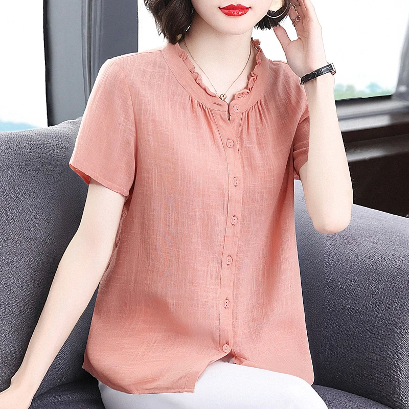 花边领短袖衬衫女2025年新款夏季洋气木耳边上衣宽松大码女装衬衣