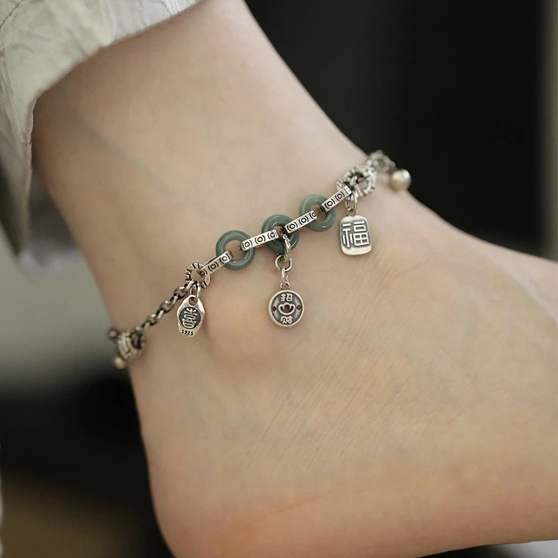 925银脚链 A00705<秋梦>S925银平安扣喜乐脚链复古做旧可调节