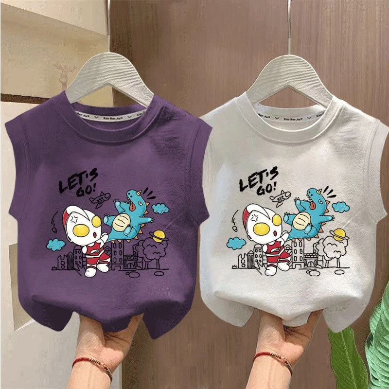 儿童奥特曼无袖T恤夏季潮流款圆领薄款纯棉帅气男童外穿百搭背心