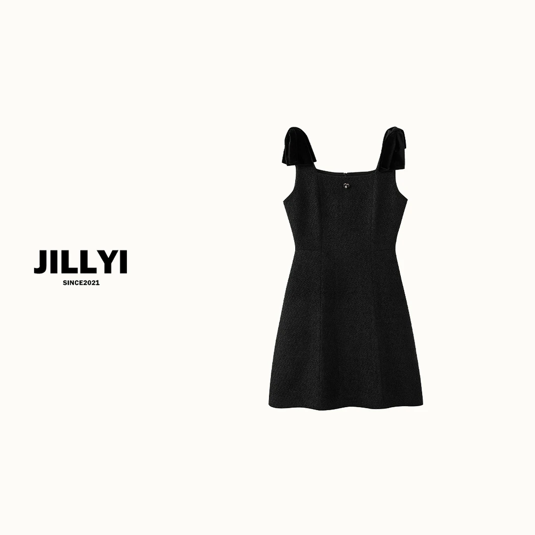 jillyi【COCO手工坊】蝴蝶结钻石5字扣连衣裙时尚气质夏季黑色轻奢