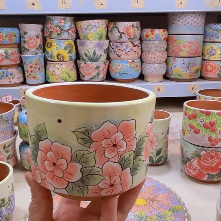 手绘多肉植物花盆景德镇粗陶花盆8