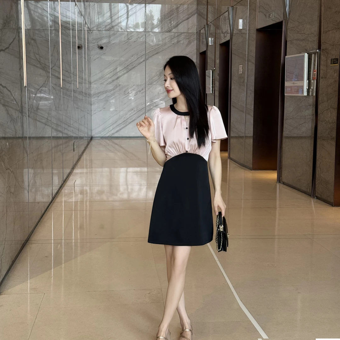 敏敏【桃桃有约】法式镂空拼接设计连衣裙夏季新款气质显瘦收腰裙子