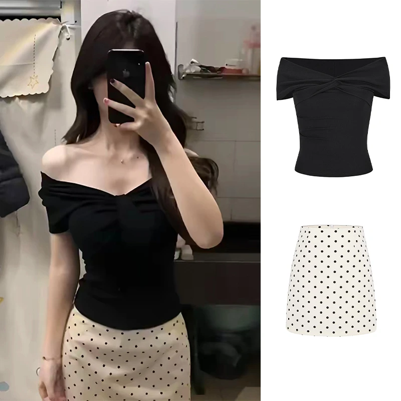 Moses Queen/魔西女王黑色三穿短袖正肩T波点半身裙套装两件套