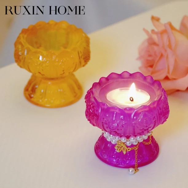 七彩酥油灯底座家用蜡烛台佛前圣莲水晶玻璃长明灯座