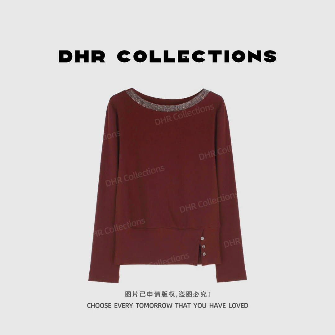 豆豆1【领口烫钻】高级感显瘦遮肉百搭时尚圆领长袖T恤女-DQ1723