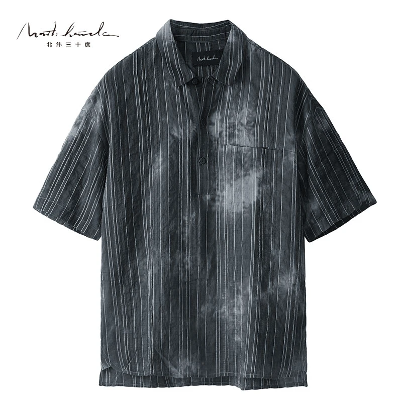 北纬三十度设计师男装夏季时尚泼墨风渐变潮感条纹短袖衬衣男士