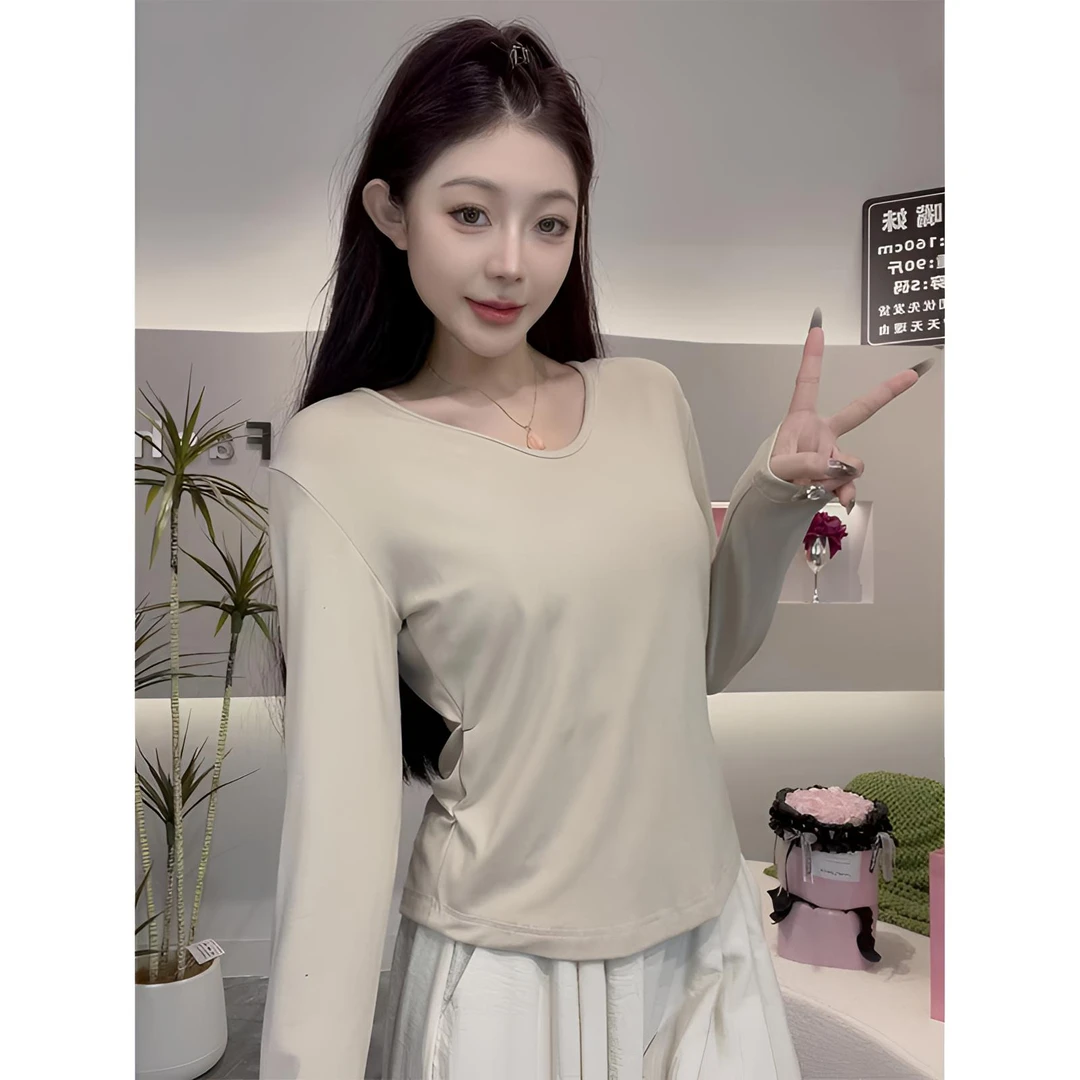 【秋水漾漾】不规则设计感褶皱弧形下摆V领长袖T恤女修身显瘦上衣