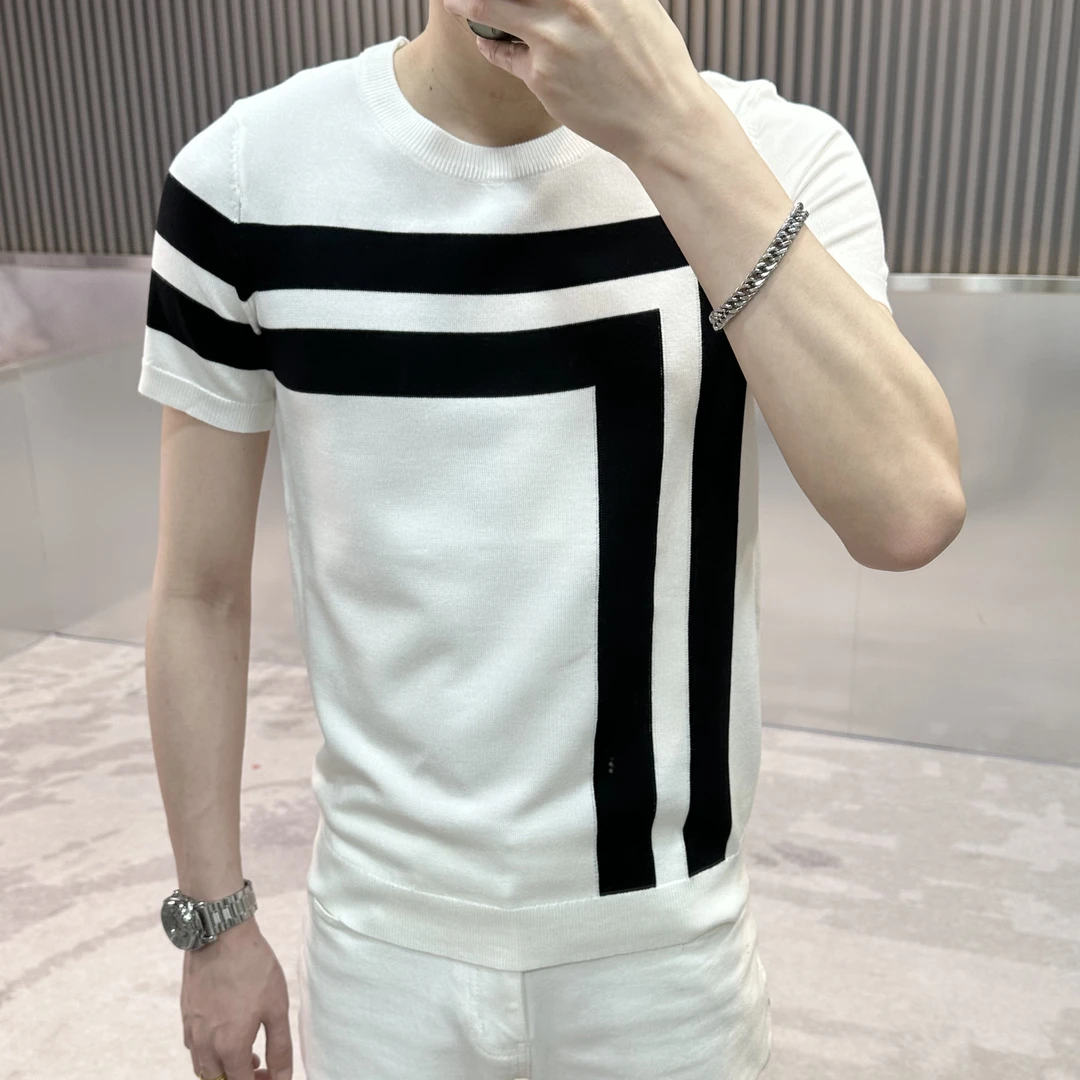 2025夏季新款薄弹力修身短袖针织毛衣青年百搭潮牌T恤男士网红潮
