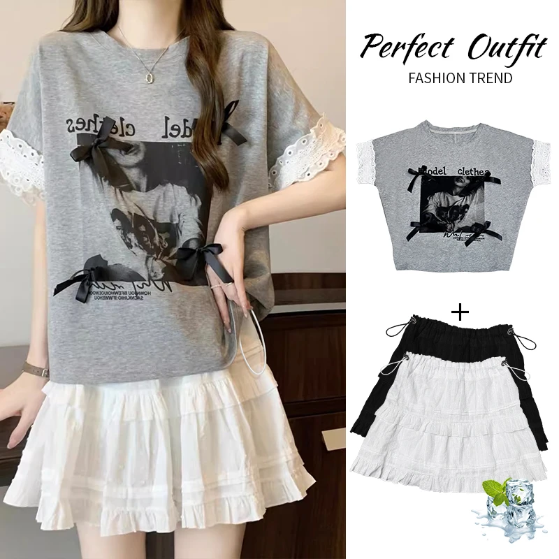 夏季孕妇套装蝴蝶结蕾丝短袖T恤宽松上衣+半身裙短裙白色裙两件套