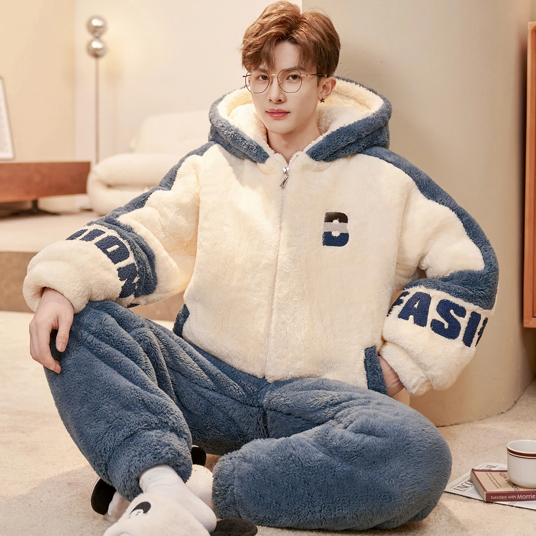 男士睡衣秋冬款珊瑚绒加厚加绒秋冬季拉链加大码法兰绒家居服套装