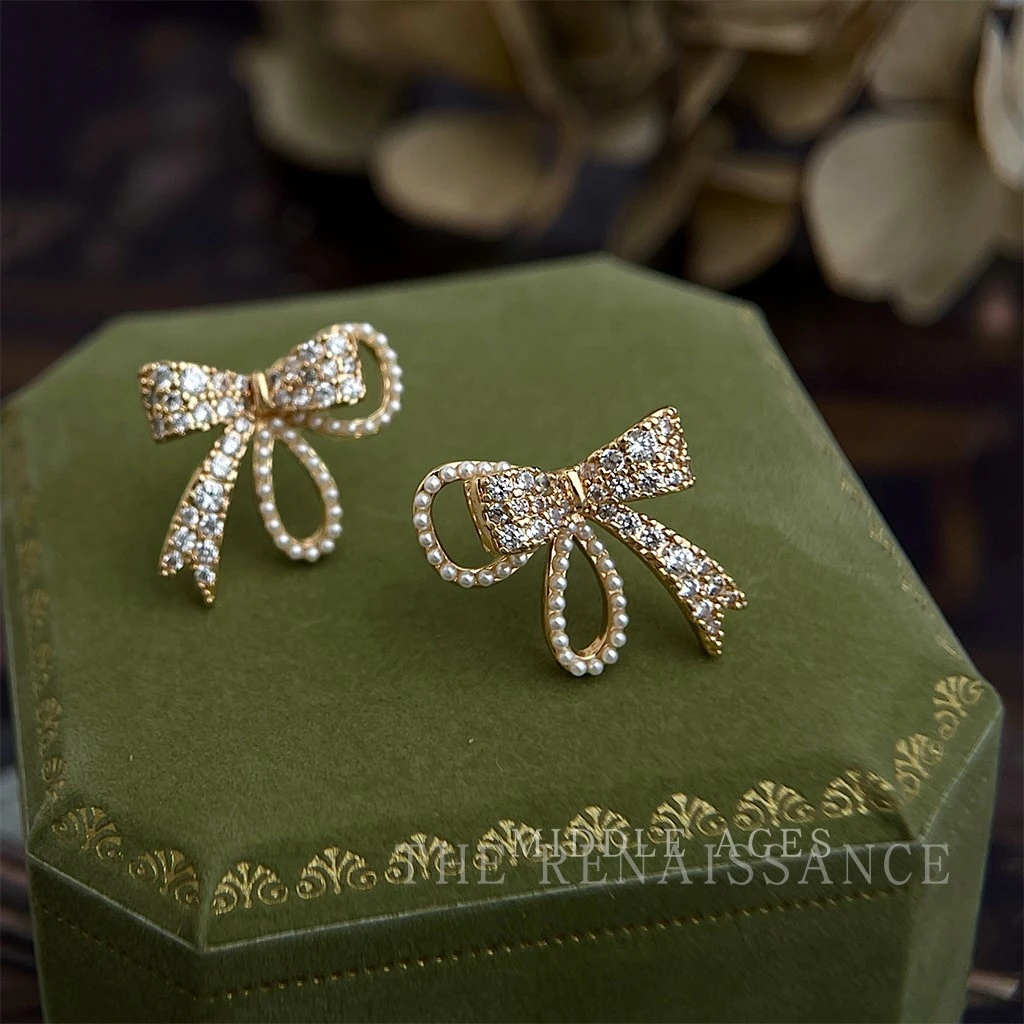 纯铜仿珍珠仿水晶耳饰 铜合金耳饰 法式蝴蝶结满钻珍珠耳钉