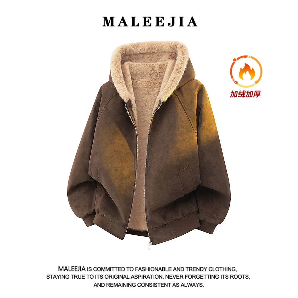 MALEEJIA美式复古连帽棉衣男冬季加绒加厚保暖慵懒风棉服外套袄子