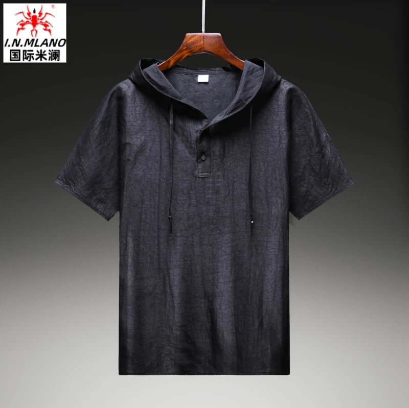 夏季新款高档真丝香云纱短袖T恤男士连帽100%桑蚕丝男装宽松卫衣