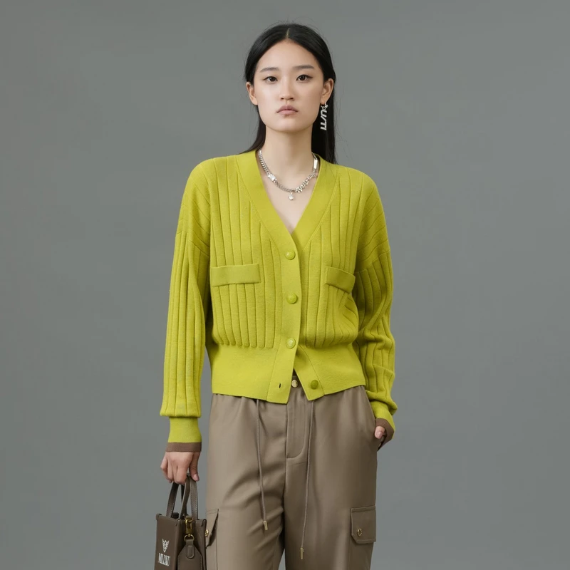 U/TI高定全羊毛高级色肌理时尚显瘦条纹针织开衫女