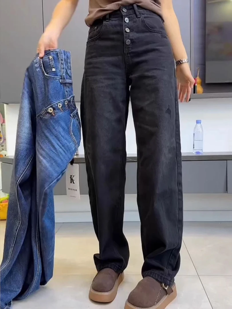 大码高腰黑灰色阔腿裤牛仔裤女秋季新款宽松显瘦一排扣直筒弯刀裤