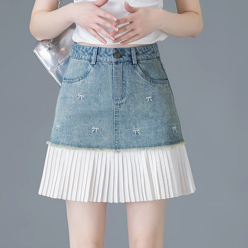 拼接牛仔半身裙女夏季薄款2025新款高腰显瘦防走光Aa字百褶短裙子