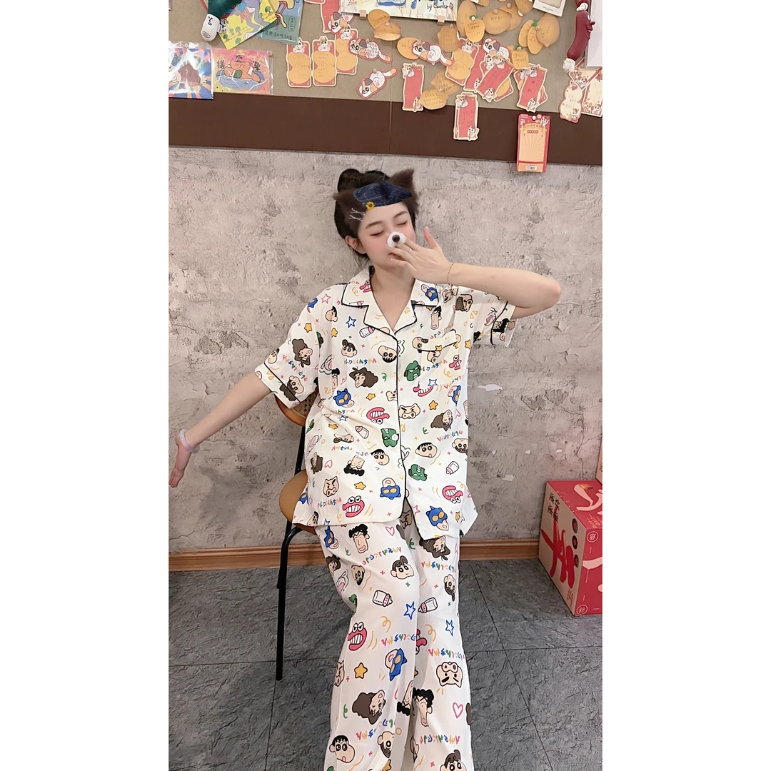 夏季情侣睡衣蜡笔小新三件套短袖短裤长裤卡通可爱可外穿家居服