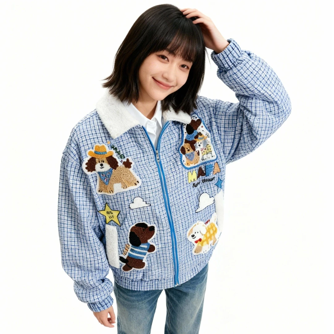 韩版学院复古卡通动漫宠物刺绣贴布格纹拼接翻领棉服古着毛领棉衣