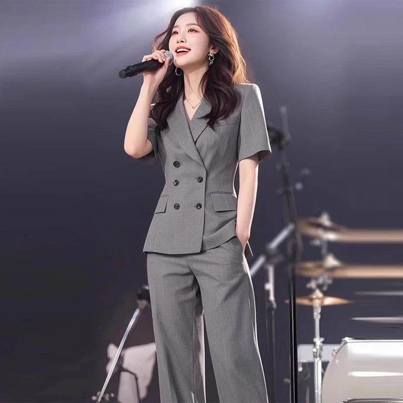大码胖mm夏季薄款时尚西装套装高端优雅气质短袖西服阔腿裤两件套