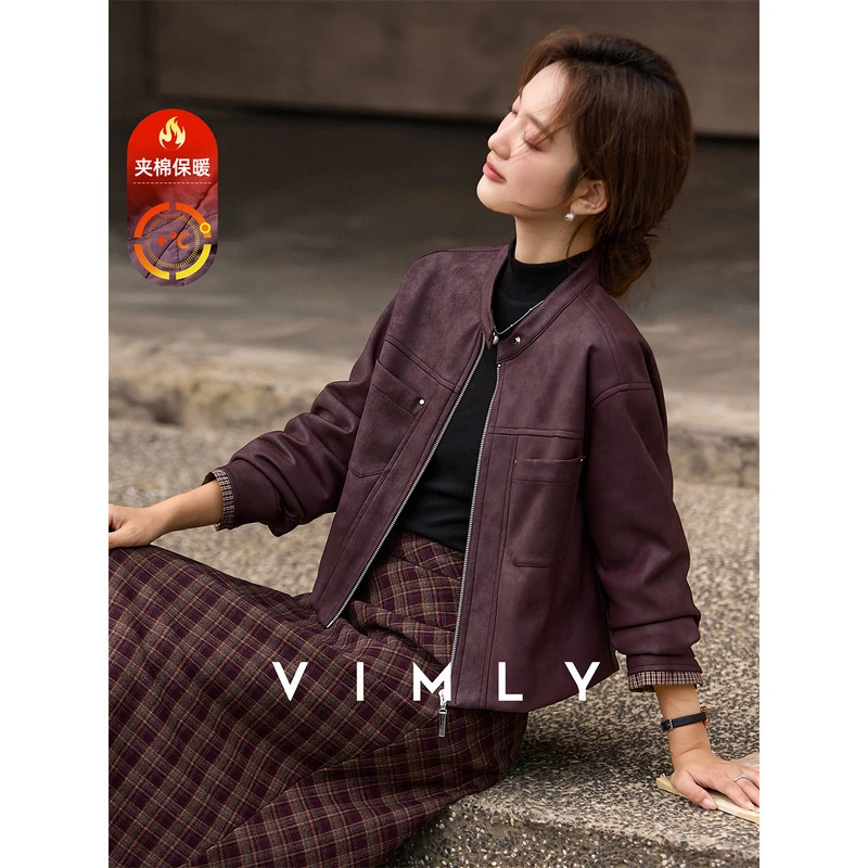 M梵希蔓红棕色圆领短款皮衣外套女冬季新款加棉加厚长袖上衣A3307