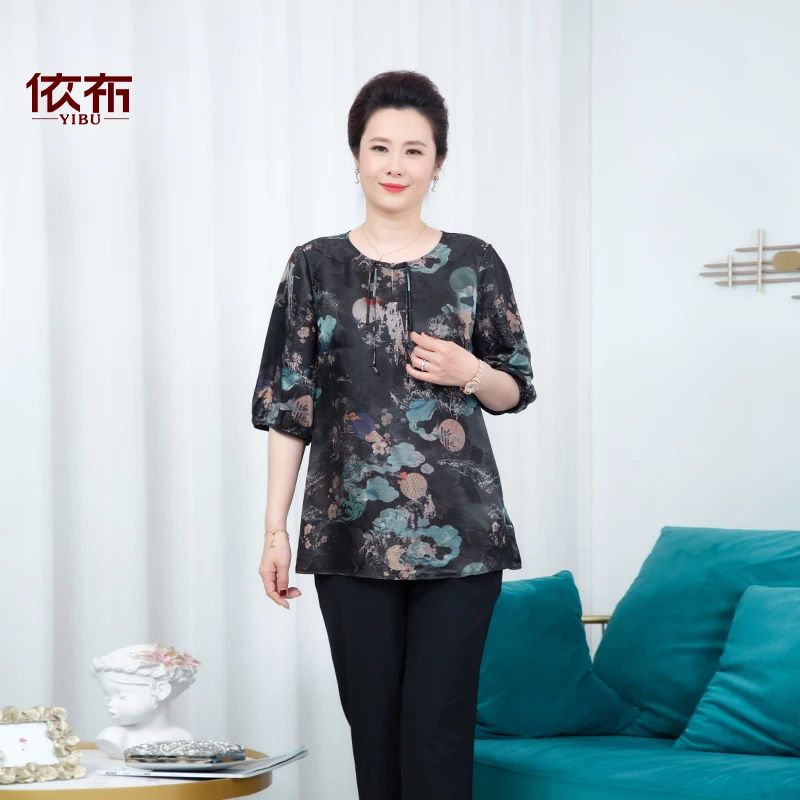 桑蚕丝衬衫短款印花圆翻领妈妈国风中老年时尚上衣气质衬衫夏季