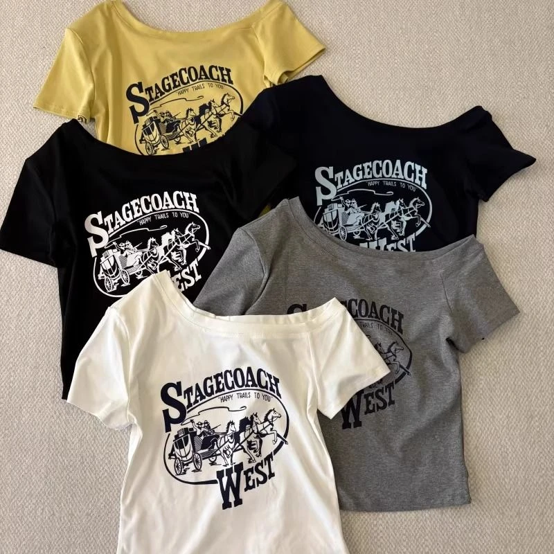 2025夏季时尚斜领字母印花短袖T恤女修身显瘦减龄百搭露肩上衣潮