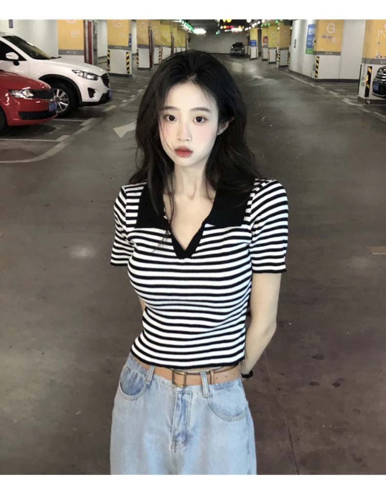 ins欧美上衣polo领条纹针织T恤女夏季小个子修身显瘦薄款短袖上衣