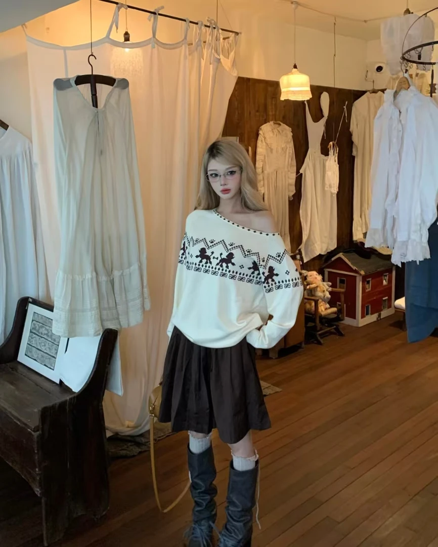 费尔岛提花长袖针织衫女2025秋季新款宽松休闲不规则小众斜肩上衣