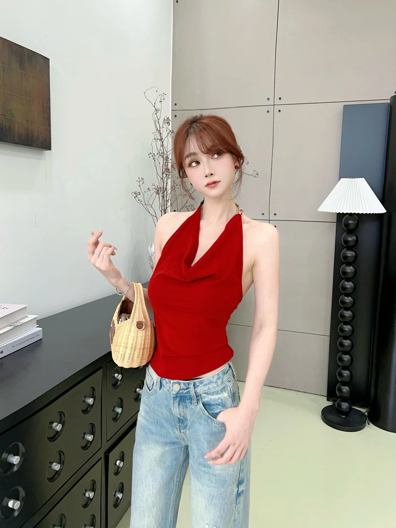 【浮云织梦】荡领挂脖露背设计感小众气质背心