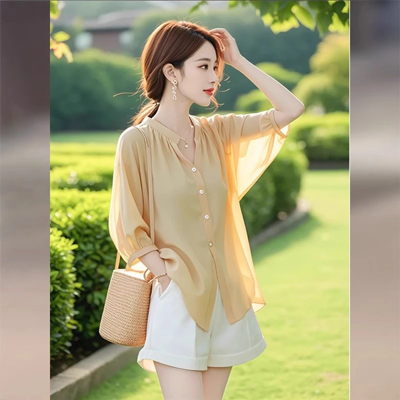黄色雪纺衬衫女夏季2025新款轻奢高级感洋气独特别致气质法式上衣