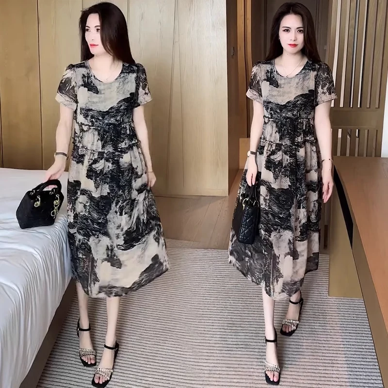 时尚连衣裙女2025夏季新款遮肉显瘦宽松凉感舒适水墨画风轻熟套装