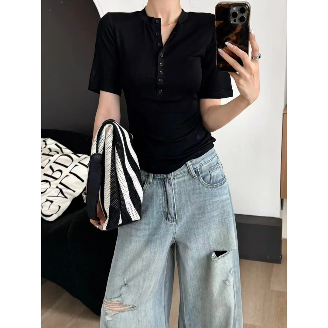 SP简约气质黑亨利领正肩短袖T恤夏季设计感修身百搭上衣t