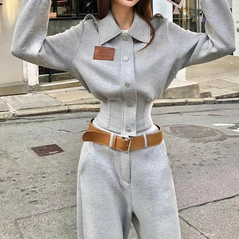 美式复古辣妹灰色翻领外套秋季新款收腰显瘦气质长袖短外套套装潮