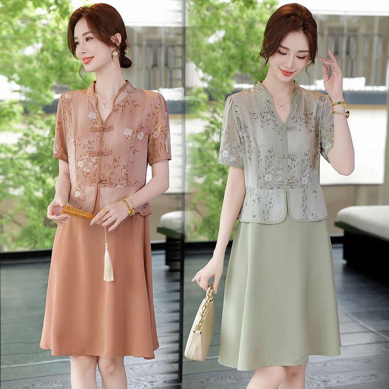 新品推荐气质妈妈装新中式假两件连衣裙夏季新款中年女短袖长裙子